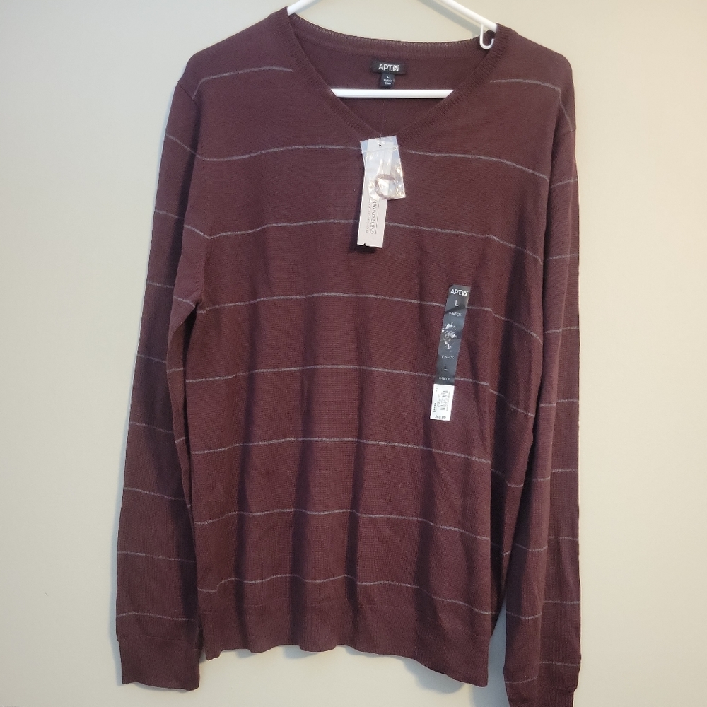 NWOT Apt. 9 Mens Sweater‎ Large Mens Merino Blend V-Neck Long Sleeve Pullover